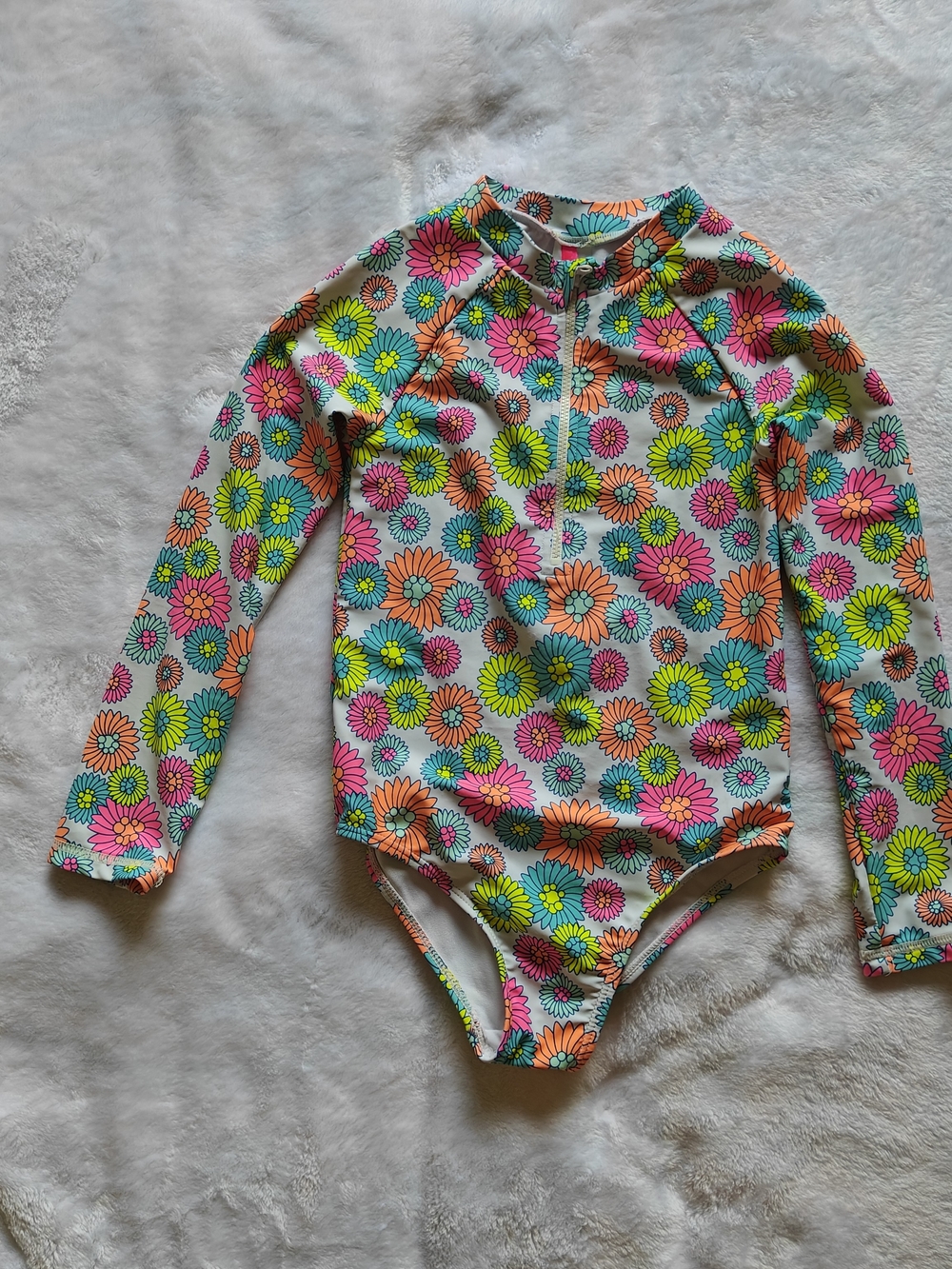 Girls Swimsuit Betsey Johnson Size 6X Neon Flower Power Long Sleeve Half Zip
